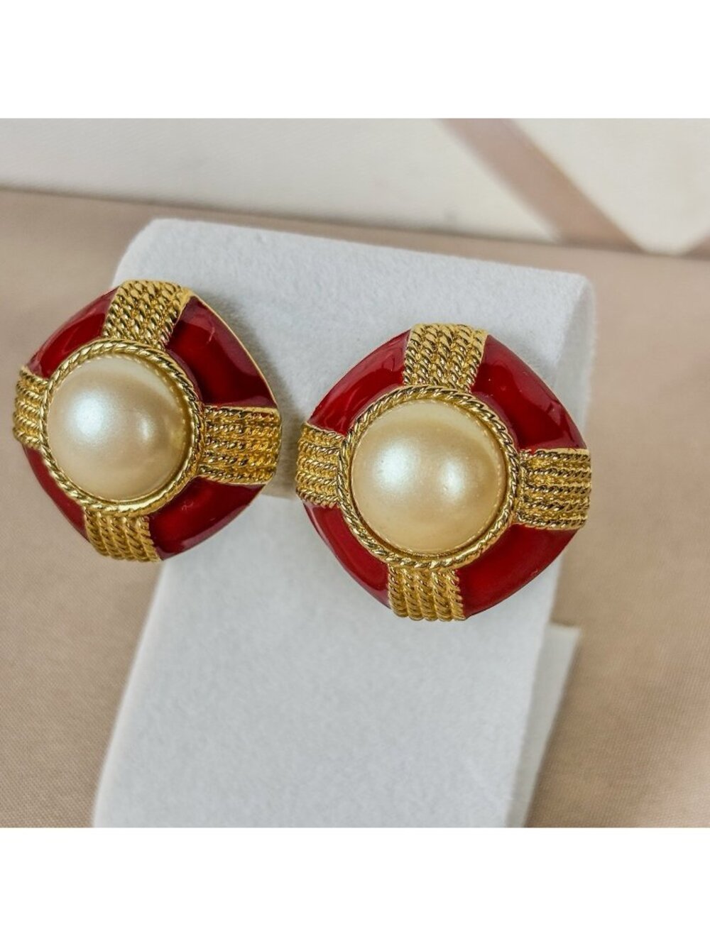 Vintage Signed CJD Red Enamel Gold Tone Statement Earrings Faux Pearl B97